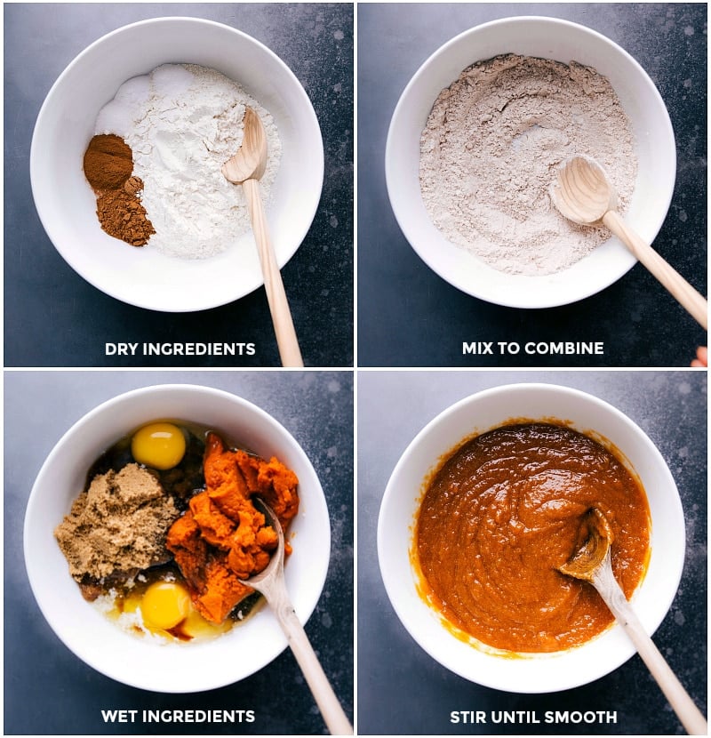 Preparing Pumpkin Bread - Mixing Wet and Dry Ingredients Mixing wet and dry components for the delicious pumpkin bread recipe.