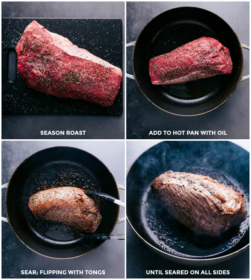 Seasoning Beef Roast with Spices; Searing in Pan with Oil Until Perfectly Browned Seasoning the roast with spices; searing it in a pan with oil until perfectly browned.