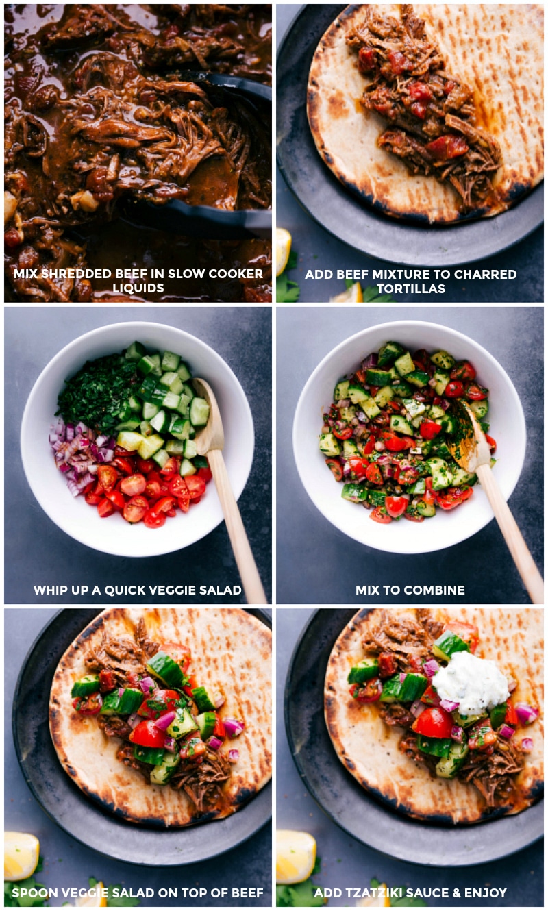 Assembling Beef Gyro Recipe Adding the seasoned meat mixture to charred pitas; preparing a fresh veggie salad; spooning the salad over the meat; finishing with tzatziki sauce to complete the perfect beef gyro recipe.