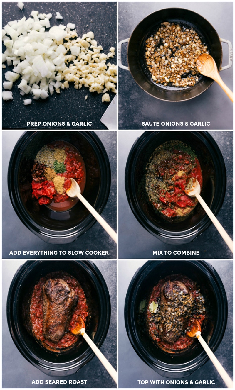 Prepping and Combining Ingredients Prepping onion and garlic; sautéing in a pan; adding all ingredients to the slow cooker; mixing to combine; adding seared meat; topping with onions and garlic.