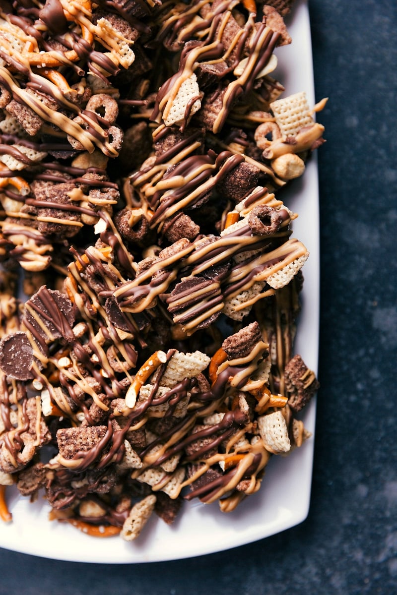 Flavorful Crunch - Chocolate-Peanut Butter Snack Mix Ready to Enjoy Chocolate peanut butter snack mix in a bowl, offering a perfect blend of flavor and crunch.