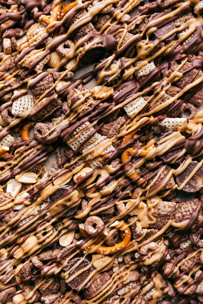 Chex Mix Perfection - Chocolate Peanut Butter Snack Mix Ready to Delight Finished chex mix chocolate peanut butter snack mix, packed with delicious ingredients, ready for enjoyment.