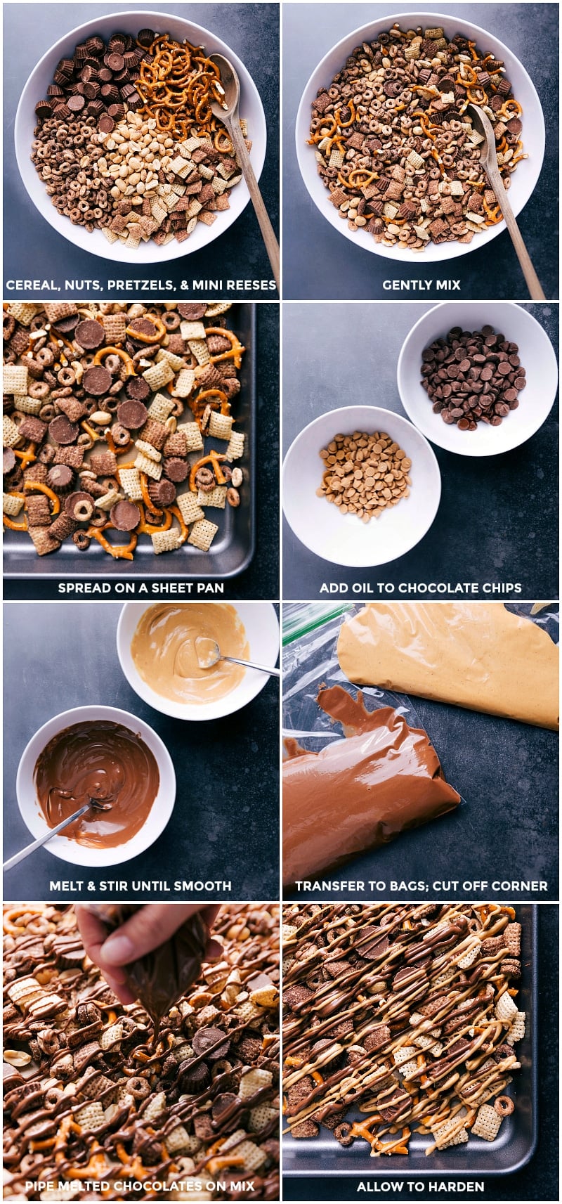 Creating the Mix - Ingredients Blend with Chocolate and Peanut Butter Drizzle Ingredients combined in a bowl with melted chocolate and peanut butter chips drizzled over the top.