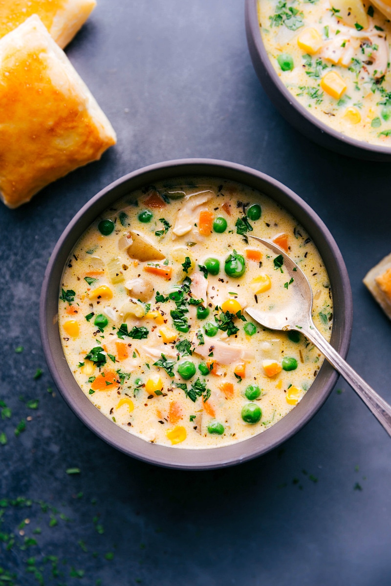 Hearty Chicken Pot Pie Soup - A Comforting Bowl of Warmth Chicken pot pie soup in a bowl with hearty ingredients including chicken and vegetables, topped with fresh herbs.