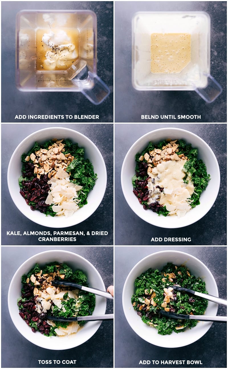 These delicious bowls are topped with a sweet honey-Dijon sauce that perfectly complements all the bowl components. Recipe via chelseasmessyapron #recipe #fall #autumn #dressing #chicken #butternutsquash #healthy #brownrice #kale #cranberries #harvest #bowl Process shots--Making the dressing; assembling salad ingredients; adding dressing; toss to coat.