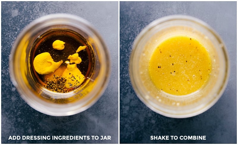 Pear Salad starts with mixed greens lettuce Dressing being made in a mason jar.