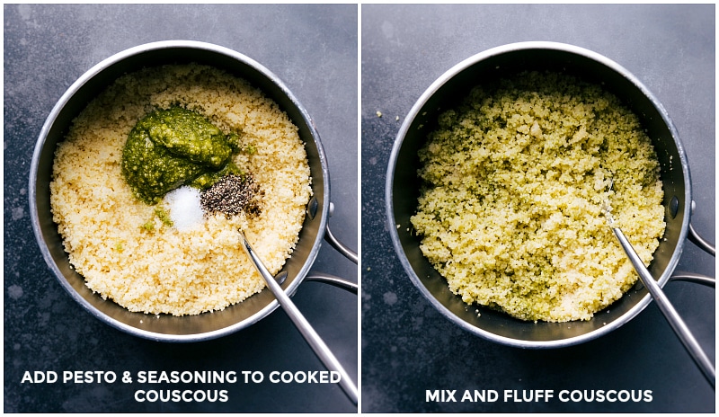 Couscous Transformation - Seasonings and Pesto Addition Adding seasonings and pesto to cooked couscous, enhancing its flavor.