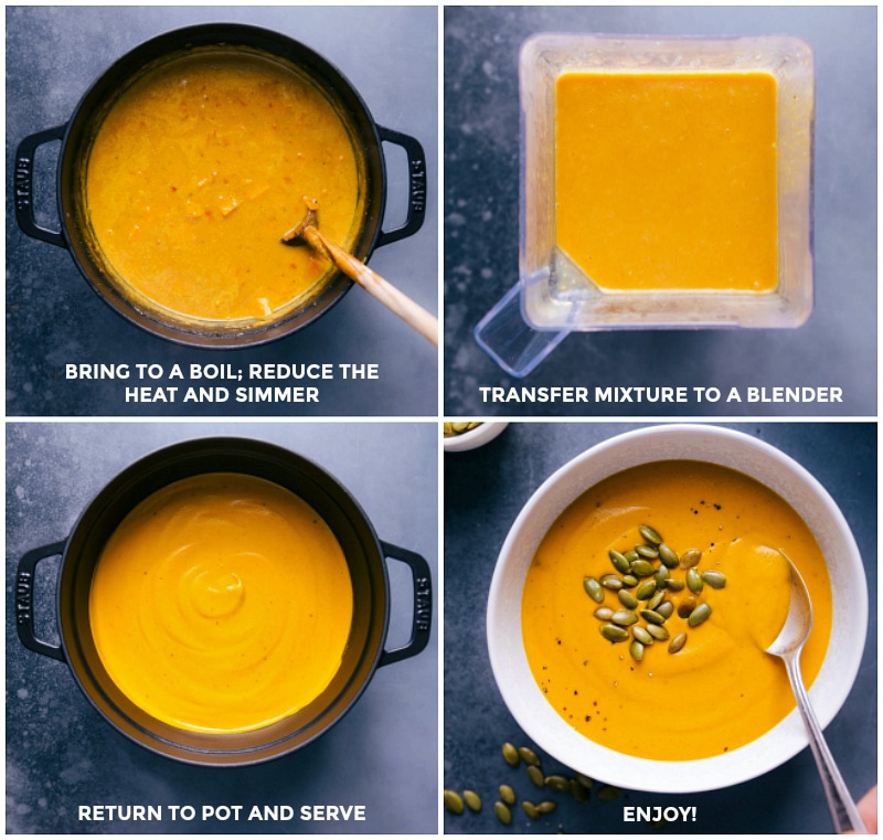 Simmering Sweet Potato Soup; Blending Until Smooth; Returning to Pot; Serving Warm and Inviting Simmering the sweet potato soup recipe until flavors meld; transferring to a blender and processing until smooth; returning the creamy mixture to the pot; ready to serve.