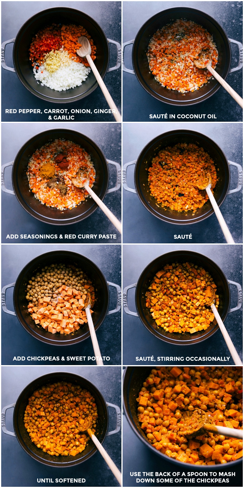 Veggies Sautรฉed with Seasonings, Chickpeas, and Sweet Potatoes Mixed Together in a Pan Veggies being sautรฉed with seasonings, chickpeas, and sweet potatoes, all mixed together in a pan.