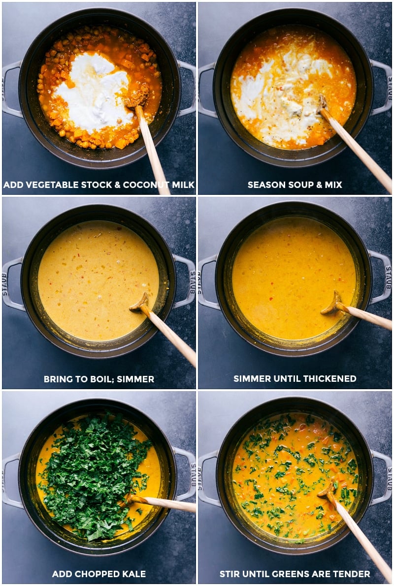 Adding Vegetable Stock and Coconut Milk; Seasoning and Bringing to a Boil; Simmering Until Thickened; Adding Kale and Stirring Until Tender Adding vegetable stock and coconut milk to the pan; seasoning and bringing to a boil; simmering until thickened; adding kale and stirring until tender.