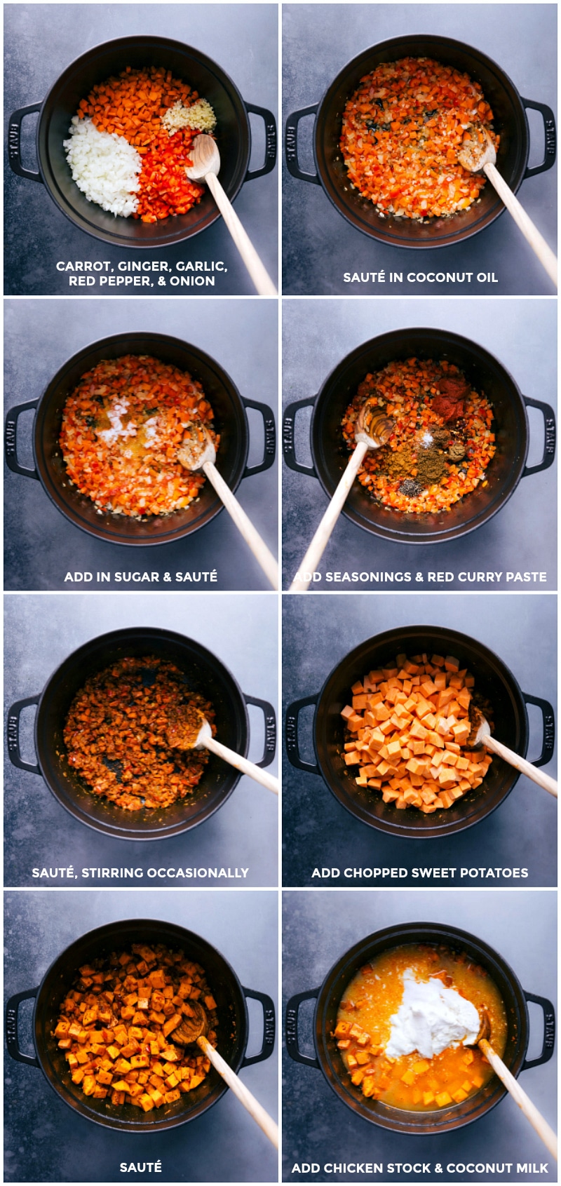 Browning Veggies in Coconut Oil; Adding Seasonings, Curry Paste, Sweet Potatoes, Chicken Stock, and Coconut Milk Brown the carrot, ginger, garlic, red pepper and onion in coconut oil; add sugar and sautรฉ; Add seasonings and curry paste; add sweet potatoes and sautรฉ; add chicken stock and coconut milk.