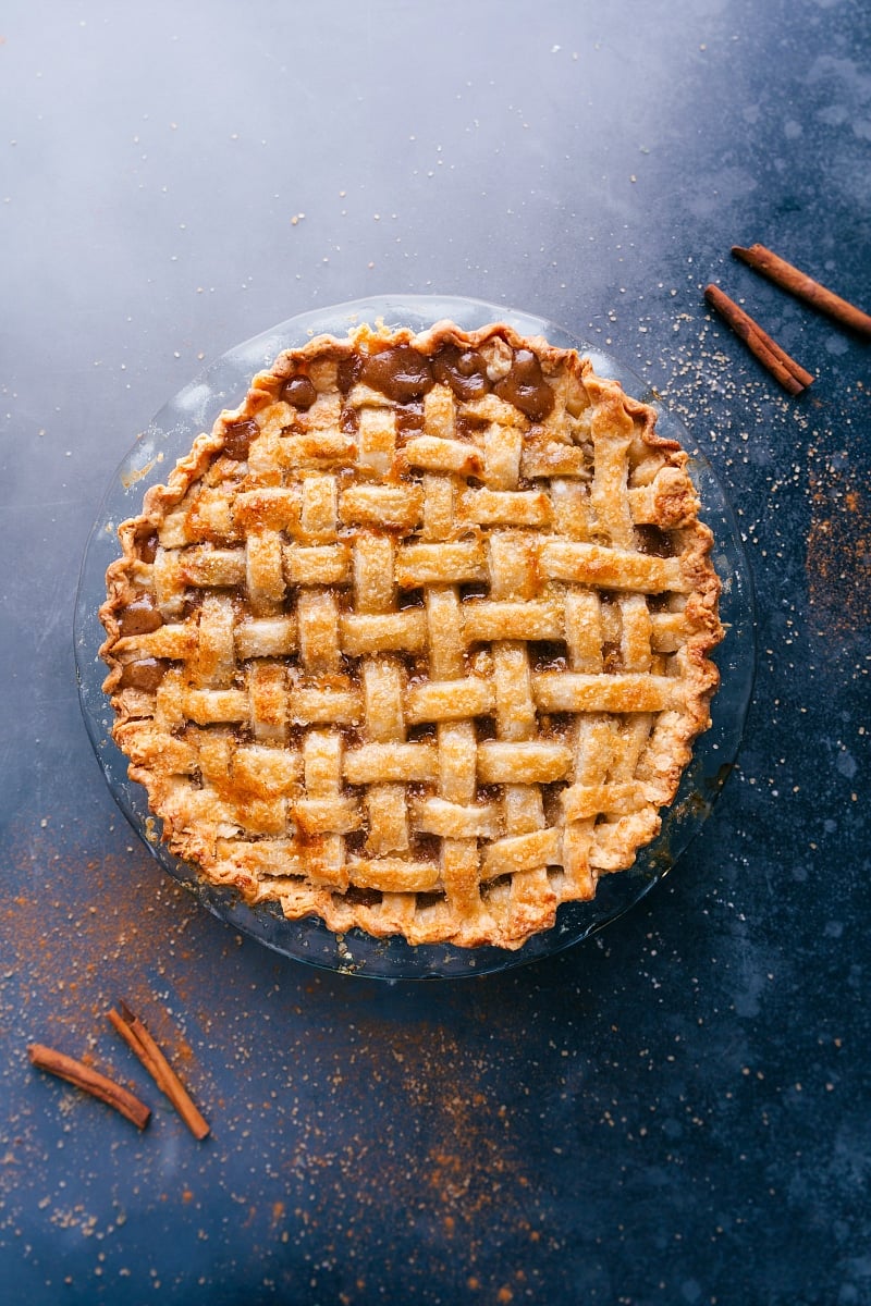 The best ever Apple Pie has a thick, buttery crust Uncut dessert fresh out of the oven.