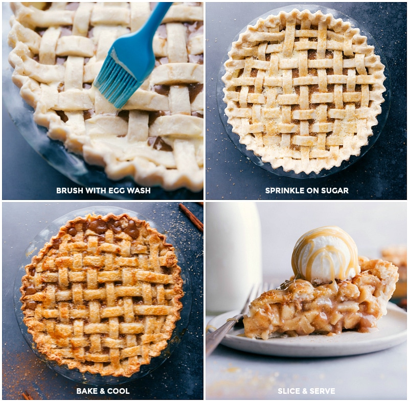 Our absolute favorite Apple Pie Brush the crust with egg wash; sprinkle on sugar; bake and cool; slice and serve.