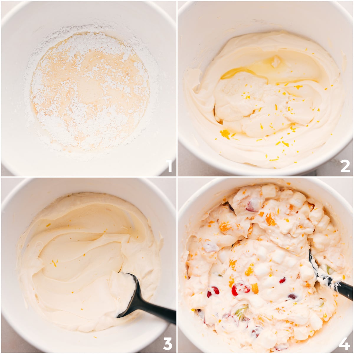 How To Add The Cream Layer To The Salad Whipped cream mixture being mixed together and added to the fruit and marshmallow mix.