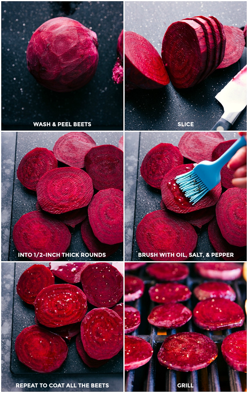 This Beet and Goat Cheese Flatbread makes for the best dinner. These flatbreads are cooked on the grill (save that precious oven space!) and are topped with grilled butternut squash and beets using Home Depotโs Weberยฎ E-Spirit Black grill! Recipe via chelseasmessyapron #pizza #healthy #quick #easy #simple #fall #grilled #dinner #butternutsquash #thyme #beet #goatcheese #flatbread Process shots-- images of the beets being prepped and grilled