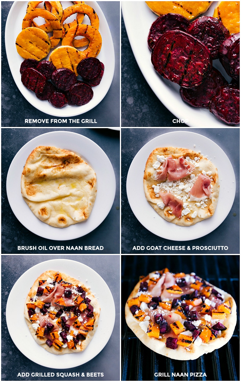 This Beet and Goat Cheese Flatbread makes for a show-stopping, flavorful holiday appetizer. This is the perfect fall dinner! Recipe via chelseasmessyapron #pizza #healthy #quick #easy #simple #fall #grilled #dinner #butternutsquash #thyme #beet #goatcheese #flatbread Process shots-- images of the flatbread being assembled, veggies being added, goat cheese, and prosciutto, and then it all being grilled