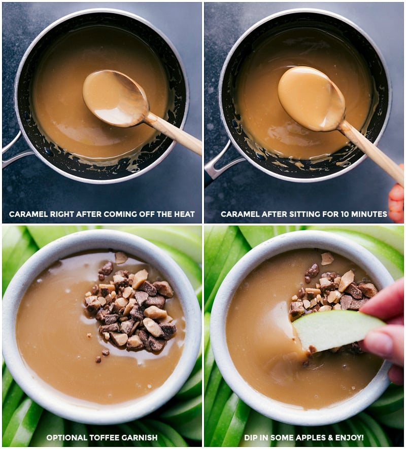 Caramel Sauce with Toffee Garnish and Apples The recipe for caramel sauce freshly cooked and after 10 minutes of cooling, served with optional toffee garnish; apples being dipped into the creamy, smooth, and delicious sauce.