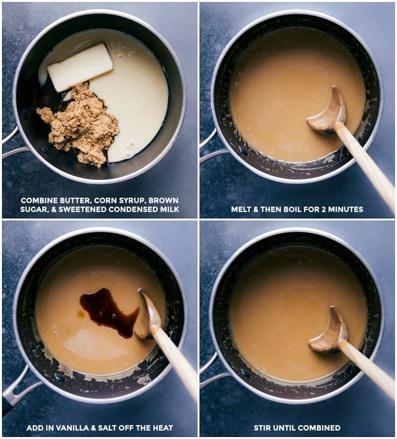 Caramel Sauce Combine ingredients in a saucepan; melt and boil for 2 minutes; add in vanilla and salt; stir to combine.