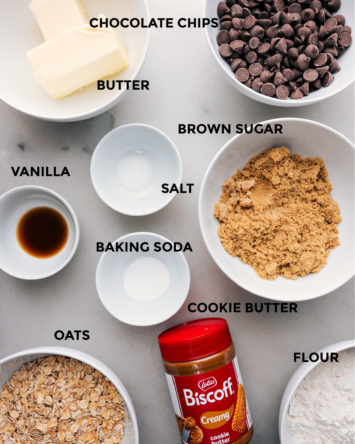 Ingredients In Cookie Butter Bars Ingredients used in this recipe prepped out for easy assembly.