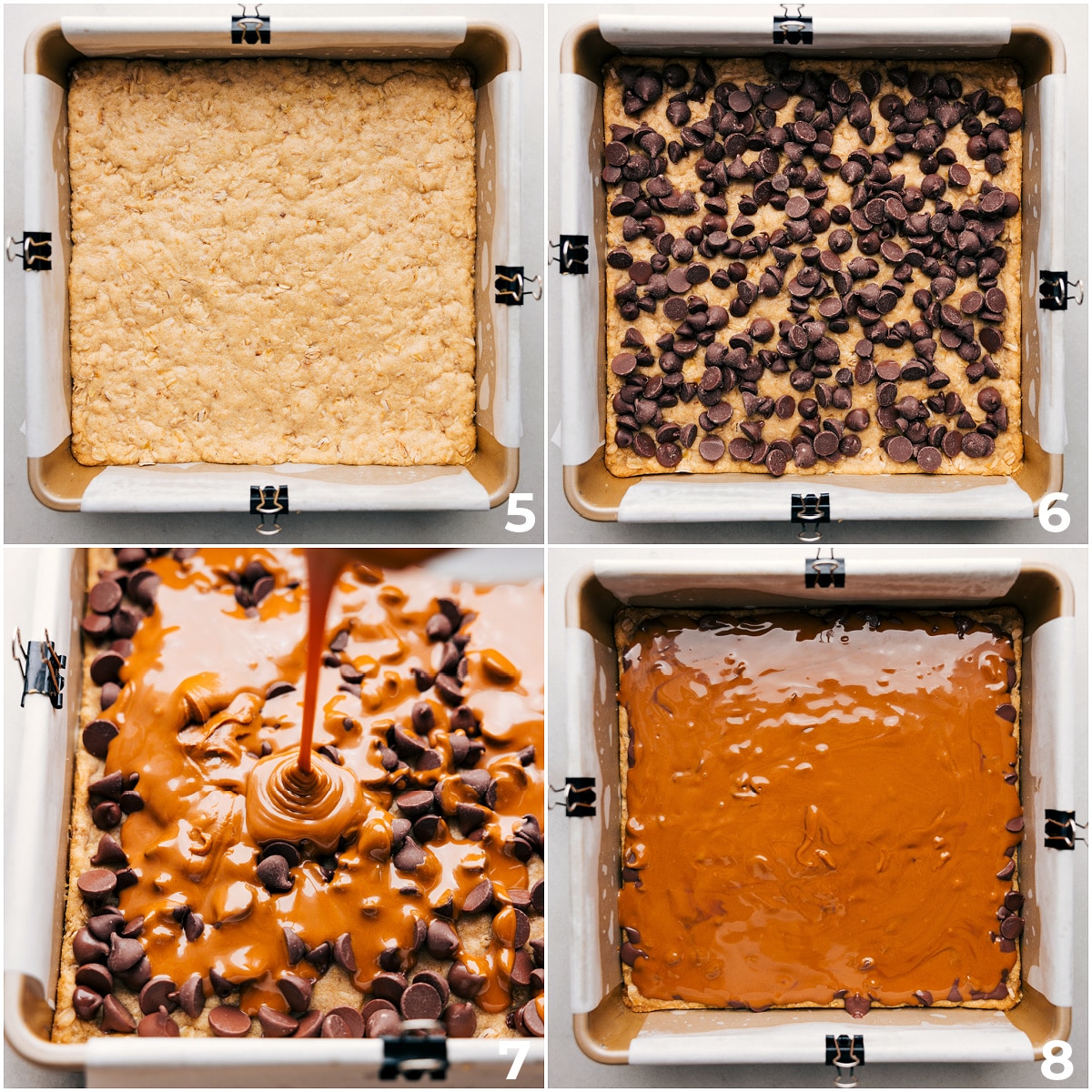 Easy And Delicious Cookie Butter Bars The chocolate chips and cookie butter being poured on top of the oatmeal cookie base.