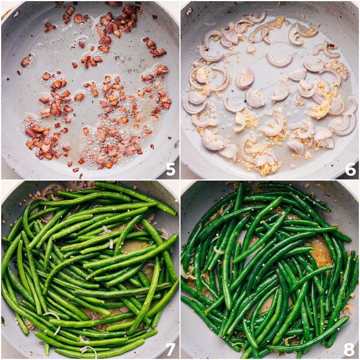 How To Make Green Beans With Bacon Cook the garlic and shallots, then add the beans and simmer with the broth until softened.