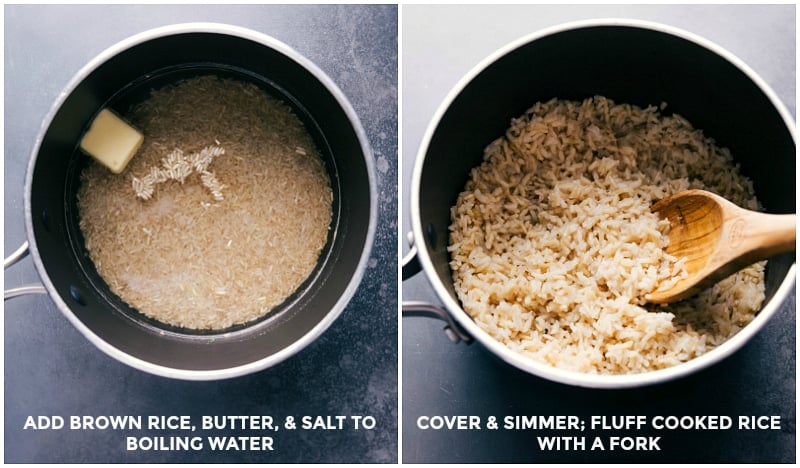 Harvest Bowl is loaded with grilled garlic-herb chicken, seasoned grilled butternut squash, tender brown rice and a quick kale salad. These delicious bowls are topped with a sweet honey-Dijon sauce that perfectly complements all the bowl components. Recipe via chelseasmessyapron #recipe #fall #autumn #dressing #chicken #butternutsquash #healthy #brownrice #kale #cranberries #harvest #bowl Process shot-- Cooking the brown rice for Harvest Bowl