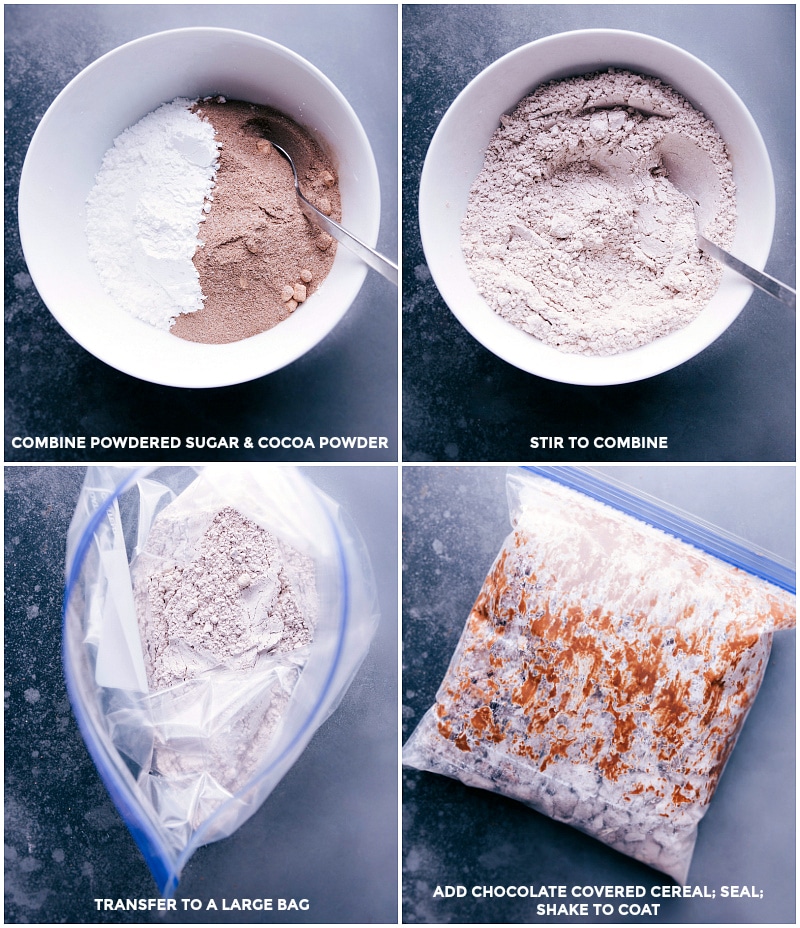 Hot Chocolate Snack Mix is inspired by our favorite chilly weather beverage -- hot chocolate! Add in some white chocolate-covered marshmallows and chocolate chips for an unforgettable snack mix! Recipe via ChelseasMessyApron #marshmallows #cozy #christmas #holidays #minimarshmallows #hotchocolate #snack #mix Process shots: combine powdered sugar and hot chocolate mix; stir to combine; transfer to a large plastic bag; add cereal and shake to coat.