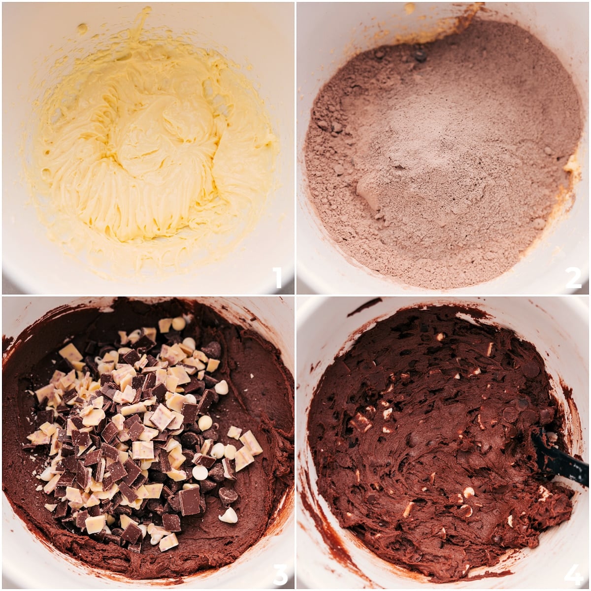 Preparing Peppermint Chocolate Cookies - Adding Bark and Chips, Rolling Dough Dry and wet ingredients combine in one bowl, with peppermint bark and chocolate chips folded into the mixture for these chocolate peppermint cookies.