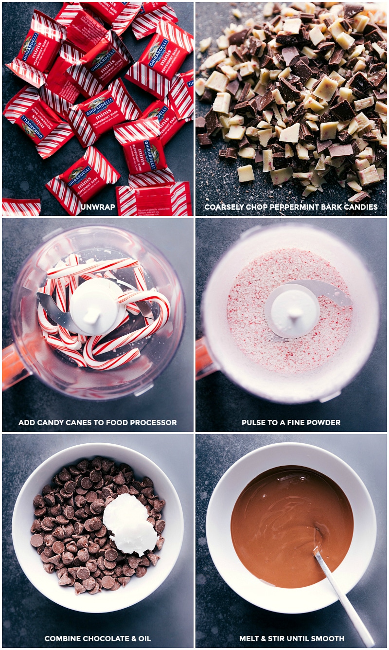 Preparing Peppermint Bark Ingredients Unwrapped and coarsely chopped peppermint bark candies; unwrapped candy canes in a food processor pulsed to a fine powder; melted chocolate combined with coconut oil until smooth.