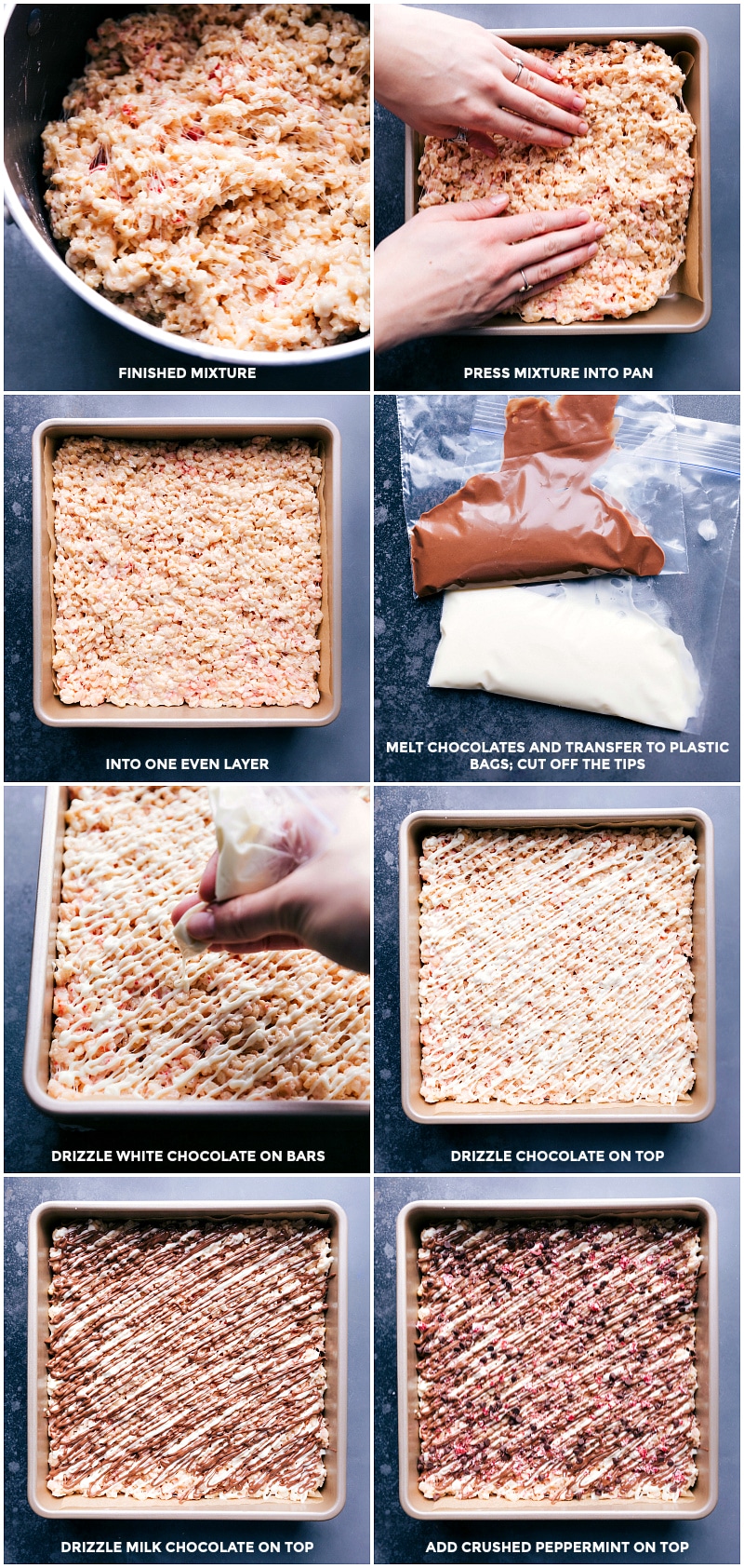 These bars have peppermint candy mixed in the bars and are drizzled with two kinds of chocolate! Recipe via www.chelseasmessyapron.com #chocolate #christmas #peppermintbark #ricekrispies #peppermint #holidaytreat #marshmallows Process shots: Once krispie mixture is created, press into a pan; smooth into one layer; melt chocolates and transfer to plastic bags for piping; Drizzle with white chocolate; then milk chocolate; then crushed peppermint on top.