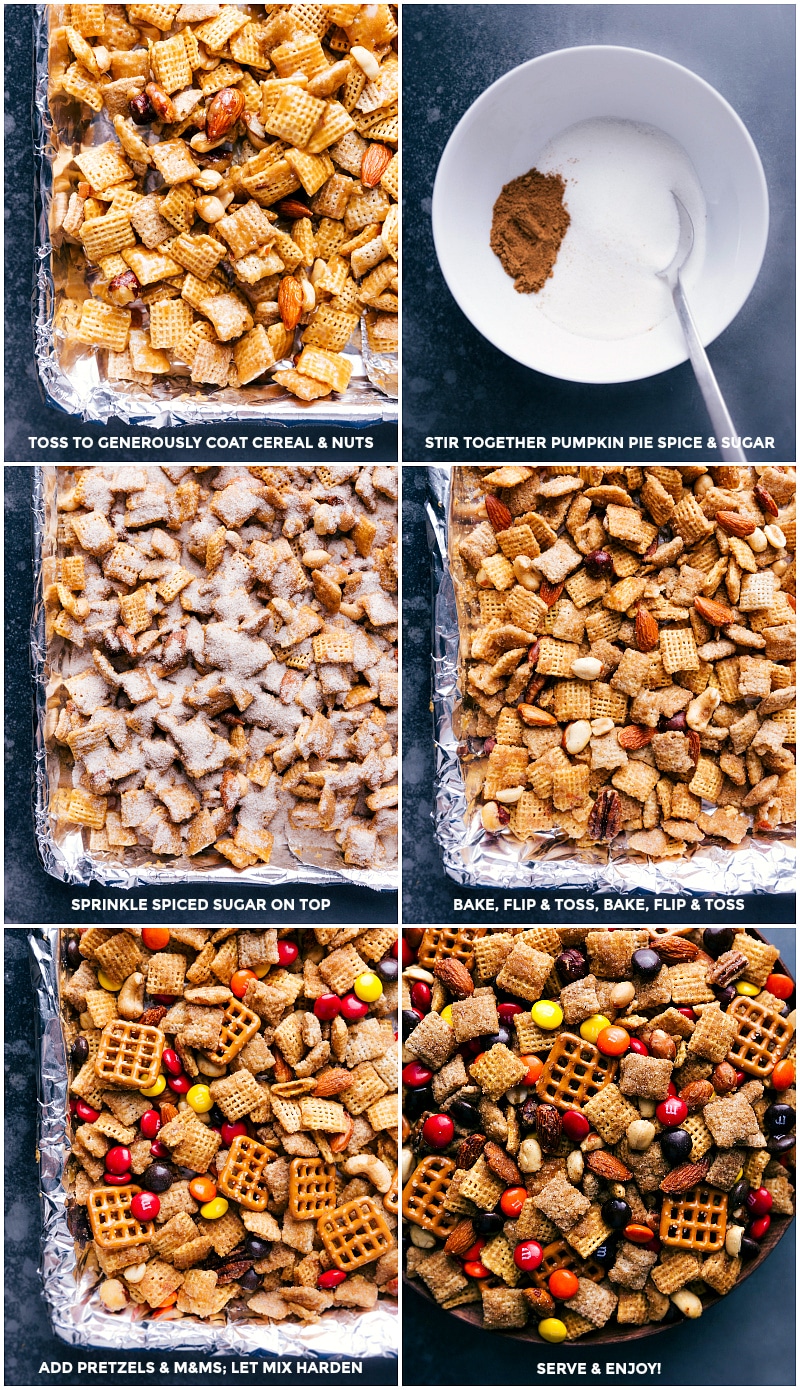 Toss in some pretzels and seasonally colored candies and you've got a great mix to enjoy with family or friends or a perfect gift; fill up a bag or decorative box with this mix and give it out as a festive treat. Recipe via chelseasmessyapron #dessert #fall #quick #easy #simple #m&ms #almonds #chex #pretzels #pumpkin #spice #snack #mix Process shots: toss the cereal, nuts and sugar syrup; mix the spice blend and sprinkle over the tray of ingredients; bake, turn and bake again; remove from oven, add pretzels and M&M's; let mix harden and then serve.