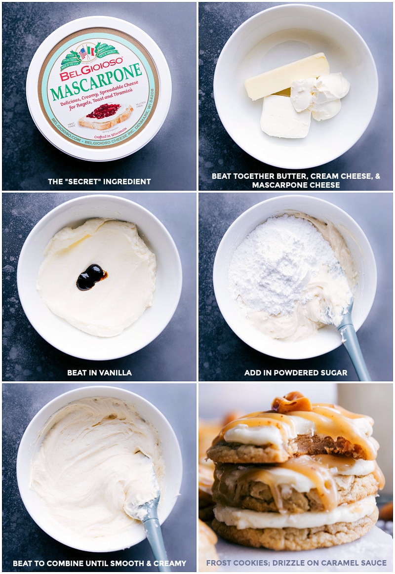 The best ever Salted Caramel Cookies Making the cream cheese topping with mascarpone; beat mascarpone together with butter and cream cheese; add in vanilla and powdered sugar; beat to combine; frost salted caramel cookies.