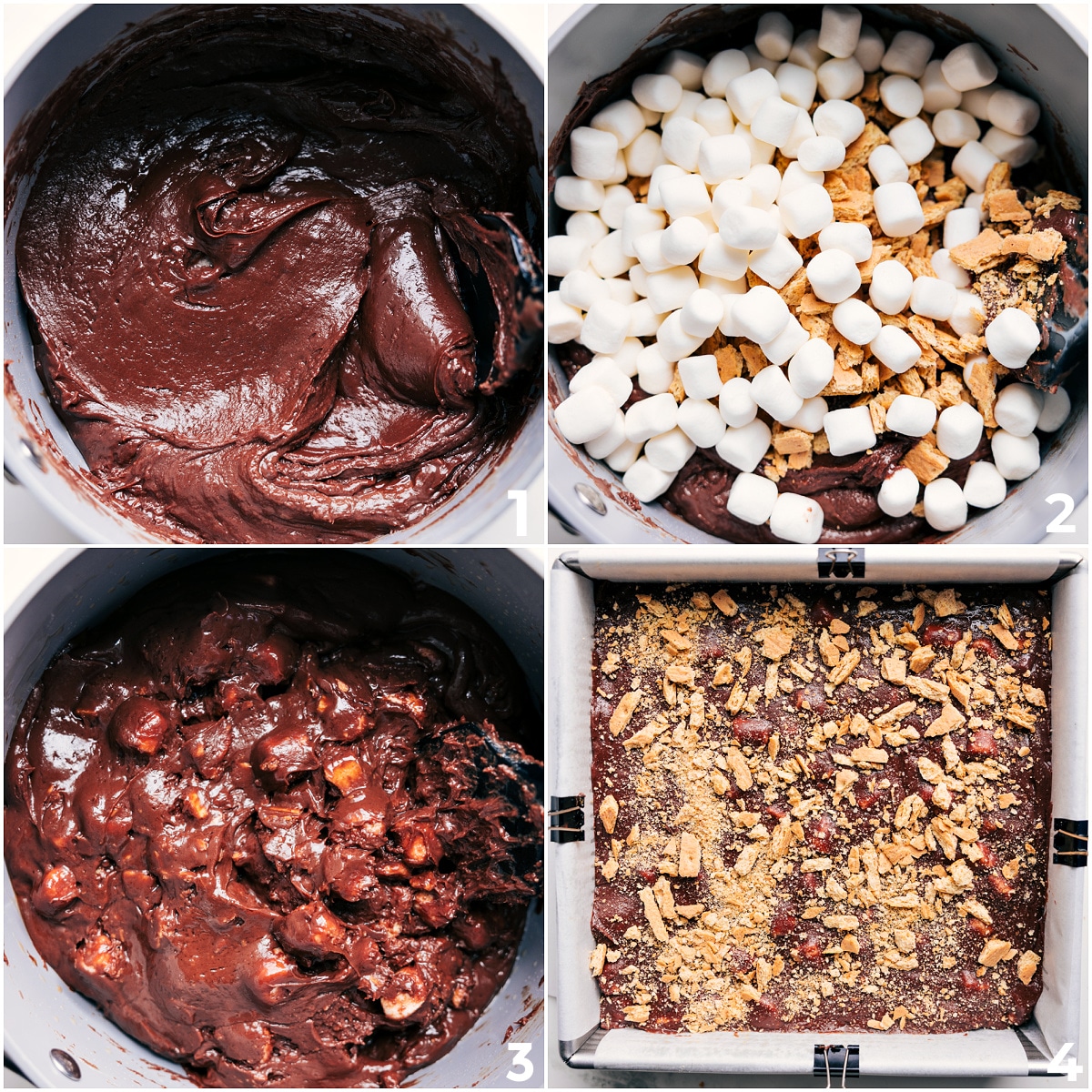 How To Make S'mores Fudge Sโmores fudge mixture of melted chocolate and condensed milk with marshmallows and graham crackers poured into a pan and topped with more graham crackers.