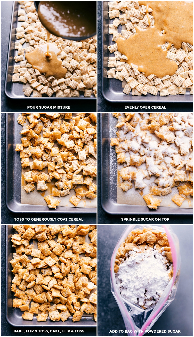 This delicious Sugar Cookie Snack Mix channels the flavors of a Christmas cookie into an addicting, crunchy, sweet snack mix. Recipe via chelseasmessyapron #recipe #quick #easy #christmas #holiday #m&ms #delicious #best #sugarcookie #snack #mix Process shots: pour syrup over the cereal; toss to coat; sprinkle sugar on top; bake, toss, bake more; add cooled mixture to a bag with powdered sugar.