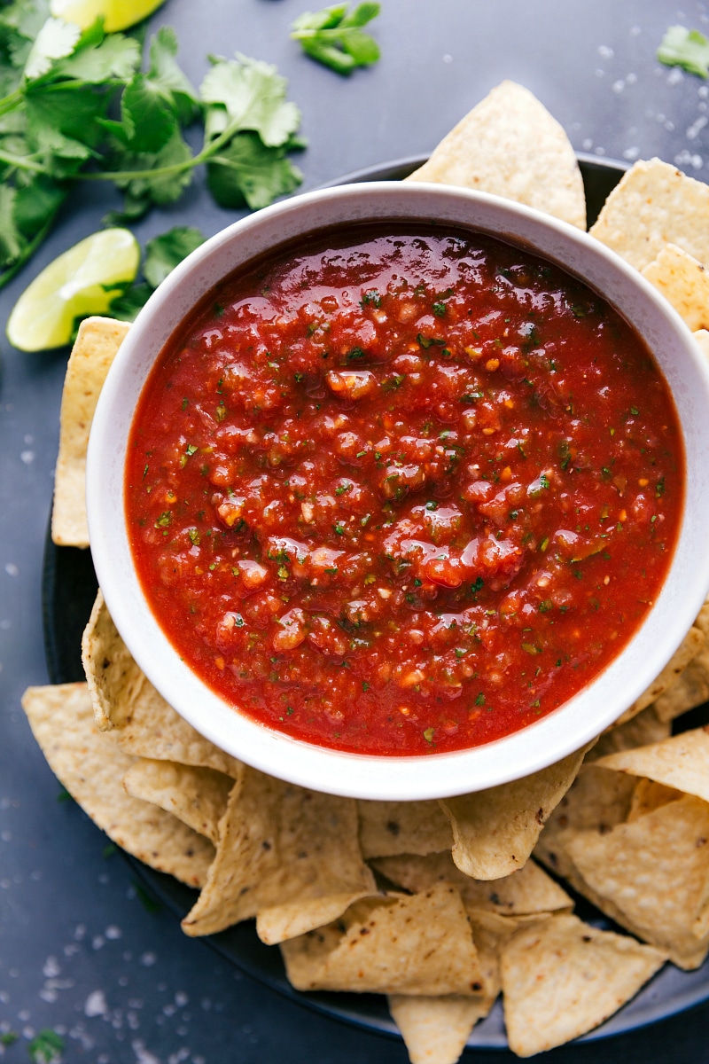 Fresh Salsa with Chips The finished salsa recipe in a bowl, ready to be served with fresh chips on the side, bursting with fresh and vibrant flavors.