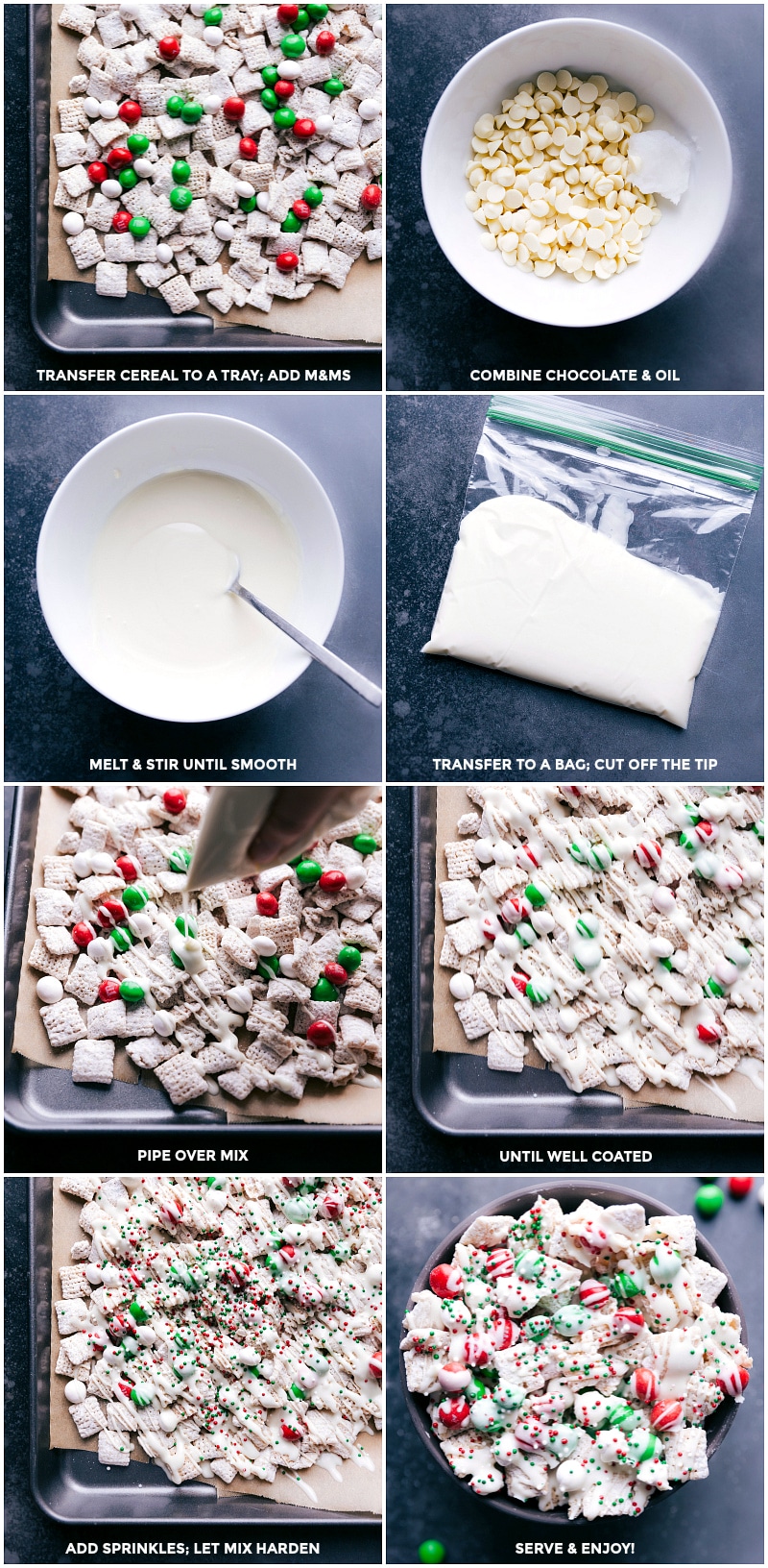 This fun Sugar Cookie Snack Mix channels the flavors of a Christmas! Recipe via chelseasmessyapron #recipe #quick #easy #christmas #holiday #m&ms #delicious #best #sugarcookie #snack #mix Process shots: Transfer cereal to a try and add candies; combine white chocolate and oil; heat and stir to melt; transfer to a bag; pipe chocolate over snack mix; add sprinkles and let harden; serve.