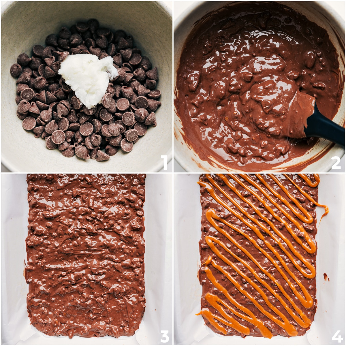 How To Make Turtle Bark Melted chocolate mixed with coconut oil and pecans spread on a sheet pan with caramel drizzled on top for turtle bark.