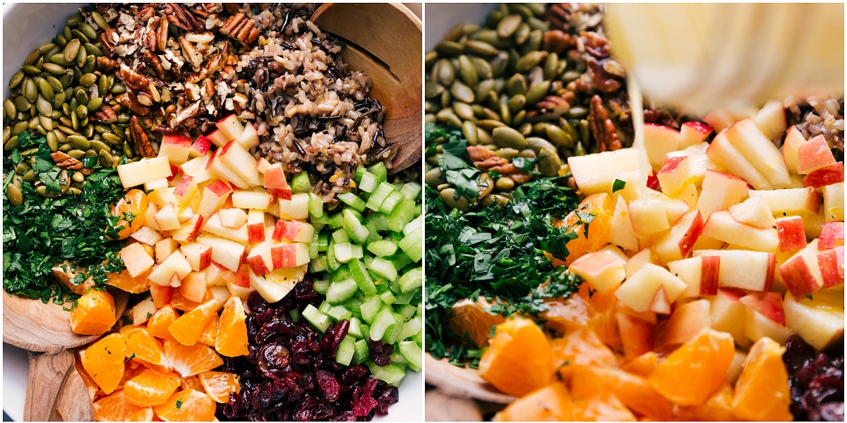 Your Thanksgiving Needs This Wild Rice Wilaf On The Spread All the ingredients for this wild rice pilaf added to a bowl and dressing being drizzled on top.