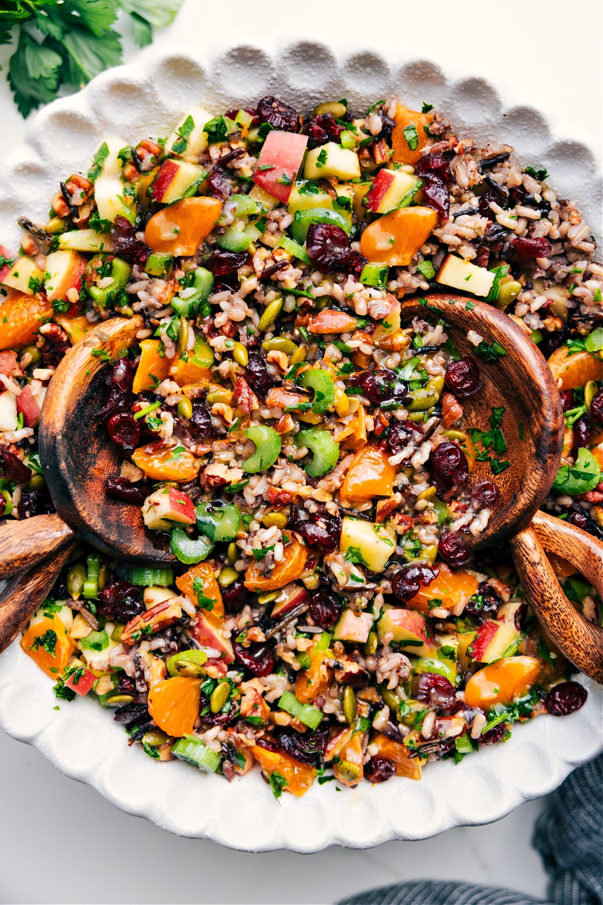 Wild Rice Pilaf in a bowl, tossed with dressing and ready to enjoy.