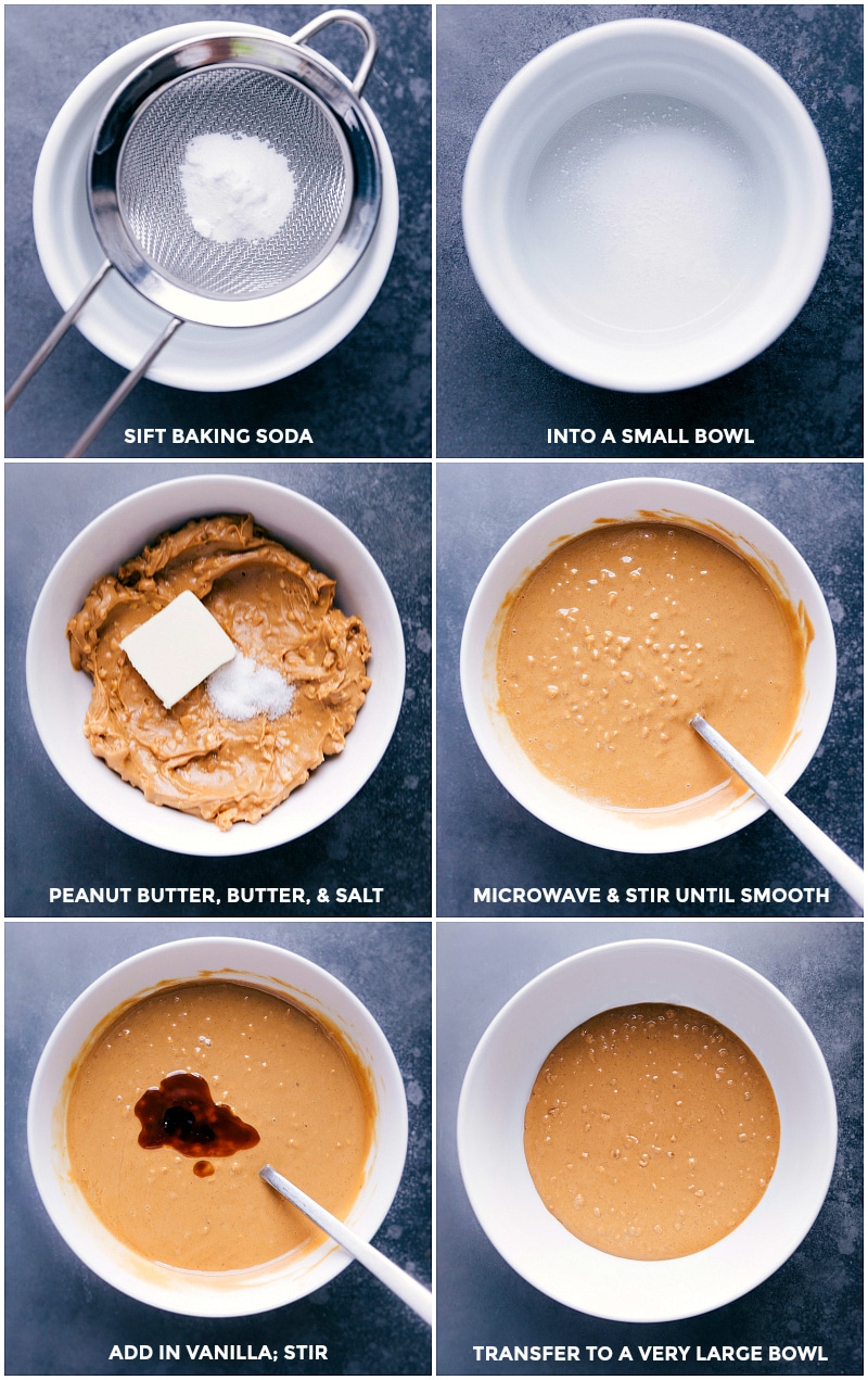 Buttercrunch Candy is sweet, crunchy, and crispy peanut candy with a chocolate topping. Recipe via chelseasmessyapron.com #candy #buttercrunch #peanut #chocolate #holiday #easy Process shots: sift soda and set aside; mix peanut butter, butter and salt' microwave and stir; add in vanilla; transfer to a large bowl.