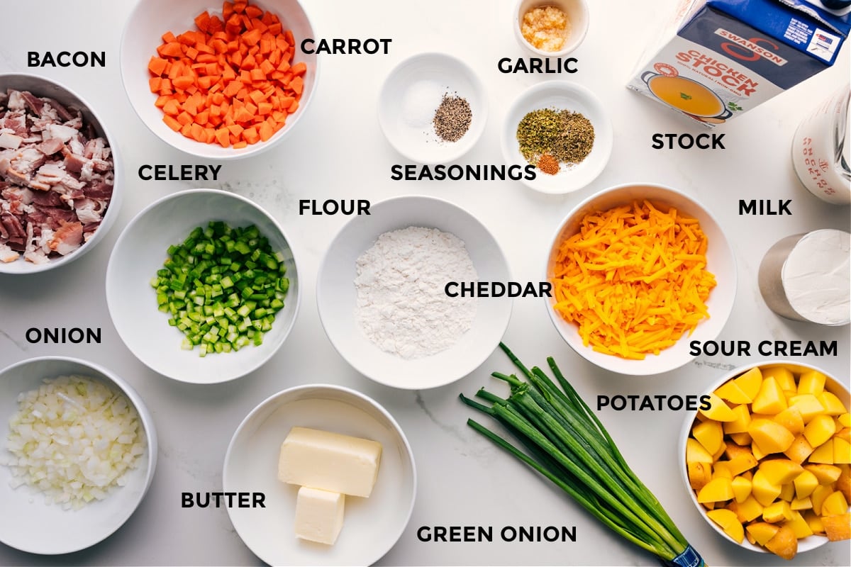 Ingredients In Loaded Potato Soup Recipe All ingredients for Loaded Potato Soup prepped and ready to assemble, including bacon, onion, carrot, celery, potatoes, seasonings, and cheese.