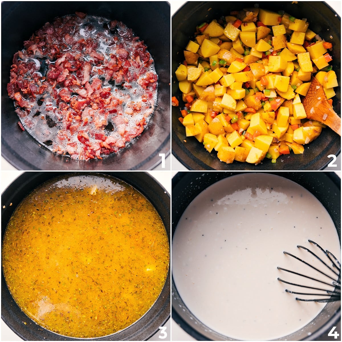 How To Make Loaded Potato Soup Recipe Bacon cooking in a pot, followed by sautรฉed veggies with broth and cream added to simmer for Loaded Potato Soup.