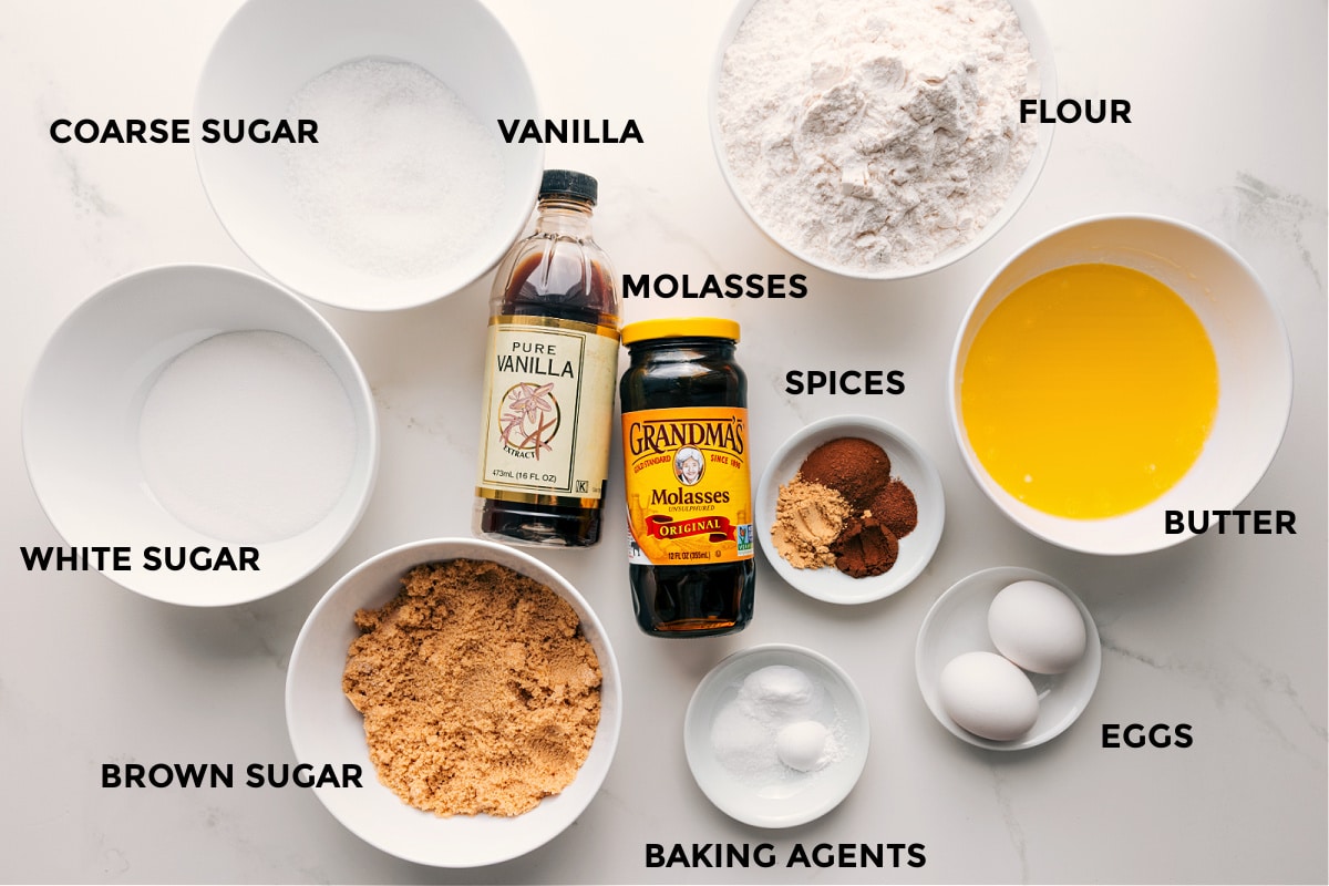 Ingredients In Molasses Cookie Recipe All the ingredients in this recipe prepped out for easy assembly including the sugars, vanilla, molasses, spices, baking agents, eggs, butter, and flour.