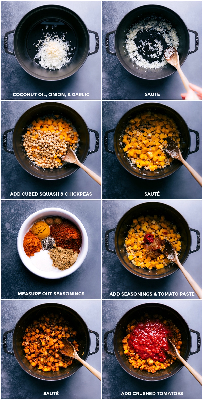 How To Make Moroccan Stew Brown onion and oil in oil; add squash and chickpeas; measure seasonings, tomato paste and add; add crushed tomatoes.