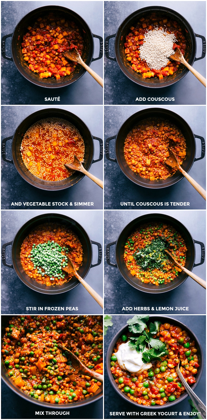 A Flavor-Packed Weeknight Dinner: Moroccan Stew Add couscous to the pan; add stock and simmer; stir in peas, herbs and lemon juice; mix well and serve this Moroccan stew.