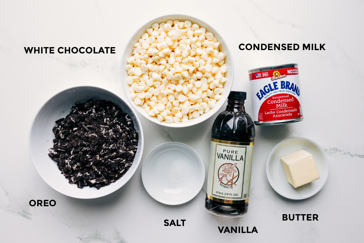 Ingredients In Oreo Fudge Recipe All the ingredients in this recipe prepped out for easy assembly including the Oreo, white chocolate, salt, vanilla, butter, and condensed milk.