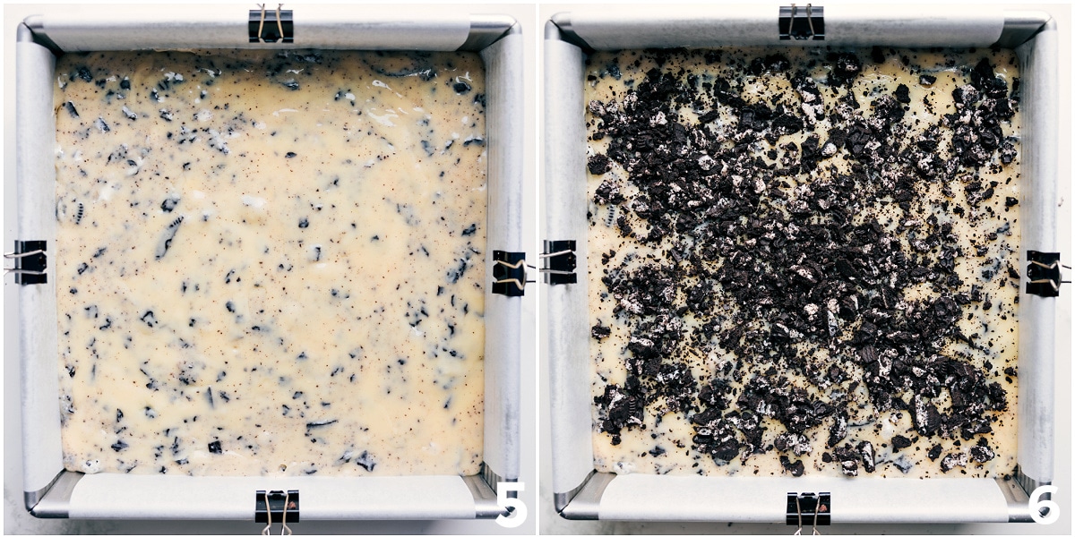The Easiest And Most Delicious Dessert: Oreo Fudge The chocolate and Oreo mix poured into a pan and additional Oreos sprinkled on top to harden.