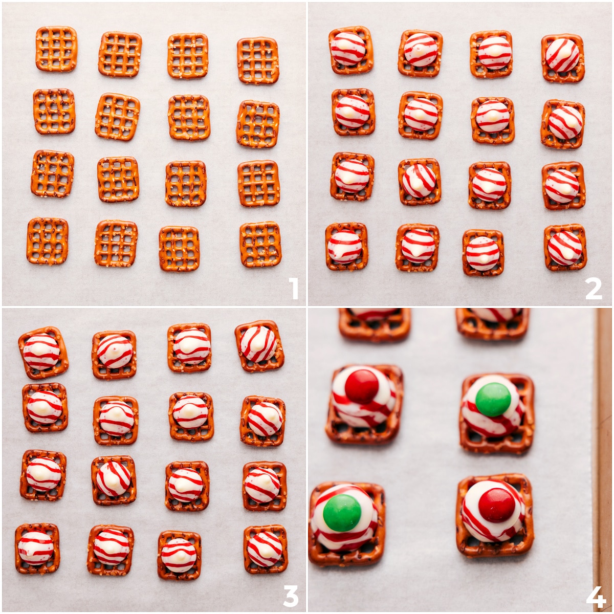 Holiday Peppermint Bark Pretzels Lay out pretzels on a tray, top each with a peppermint chocolate kiss, bake until softened, then press an M&M on top for these peppermint bark pretzels.