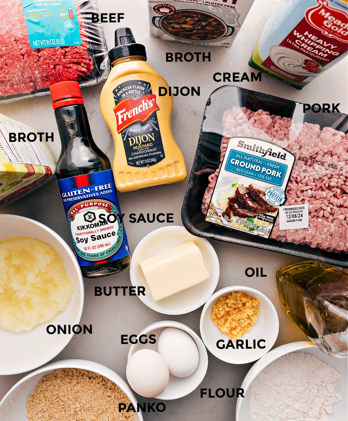 Ingredients In Swedish Meatballs Recipe This recipe is prepped for easy assembly with ground pork, cream, Dijon, soy sauce, butter, oil, veggies, beef, panko, eggs, flour, and broth.