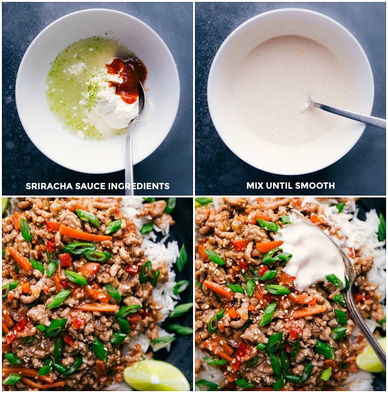 Asian Ground Turkey bowls are ridiculously flavorful and loaded with texture without loads of sugar! These nutritious bowls are packed with "hidden" veggies and fresh herbs. They're kid friendly and ready in 30 minutes or less! Recipe via ChelseasMessyApron.com #turkeybowl #asian #groundturkey #ricebowl #healthy Mixing the ingredients for the Sriracha sauce; adding it to the Asian Ground Turkey.